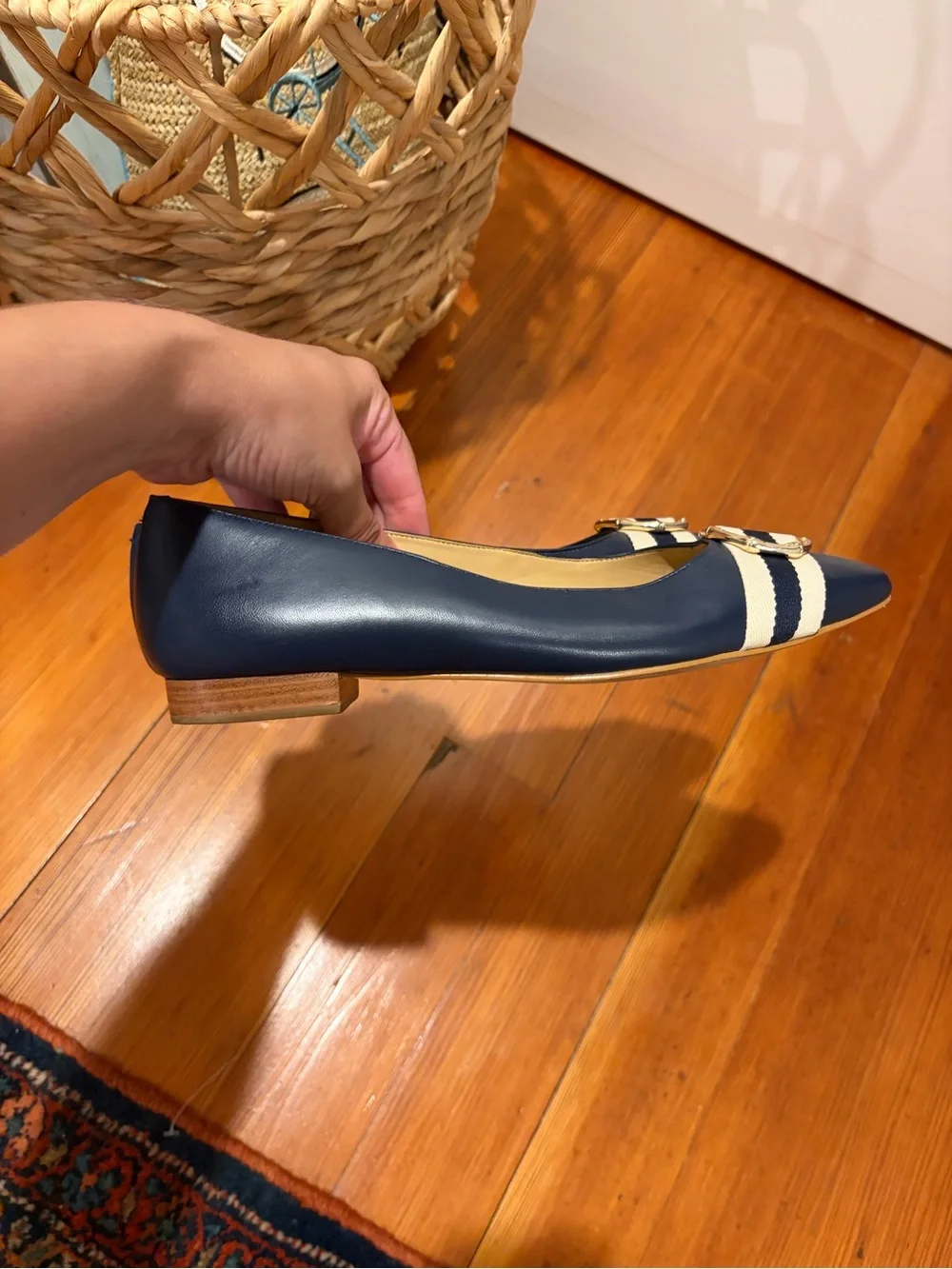 Talbots Navy Pointed-Toe Flats with Striped Ribbon and Gold Buckle